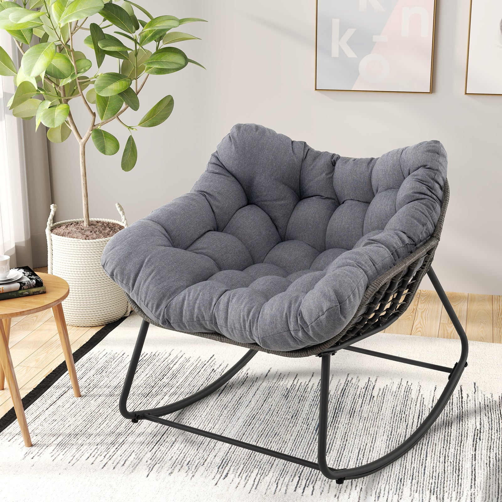 Oversized Patio Rocking Chair, PE Wicker Egg Chair With Cushion, Gray Patio Rocking Chairs & Gliders at Gallery Canada