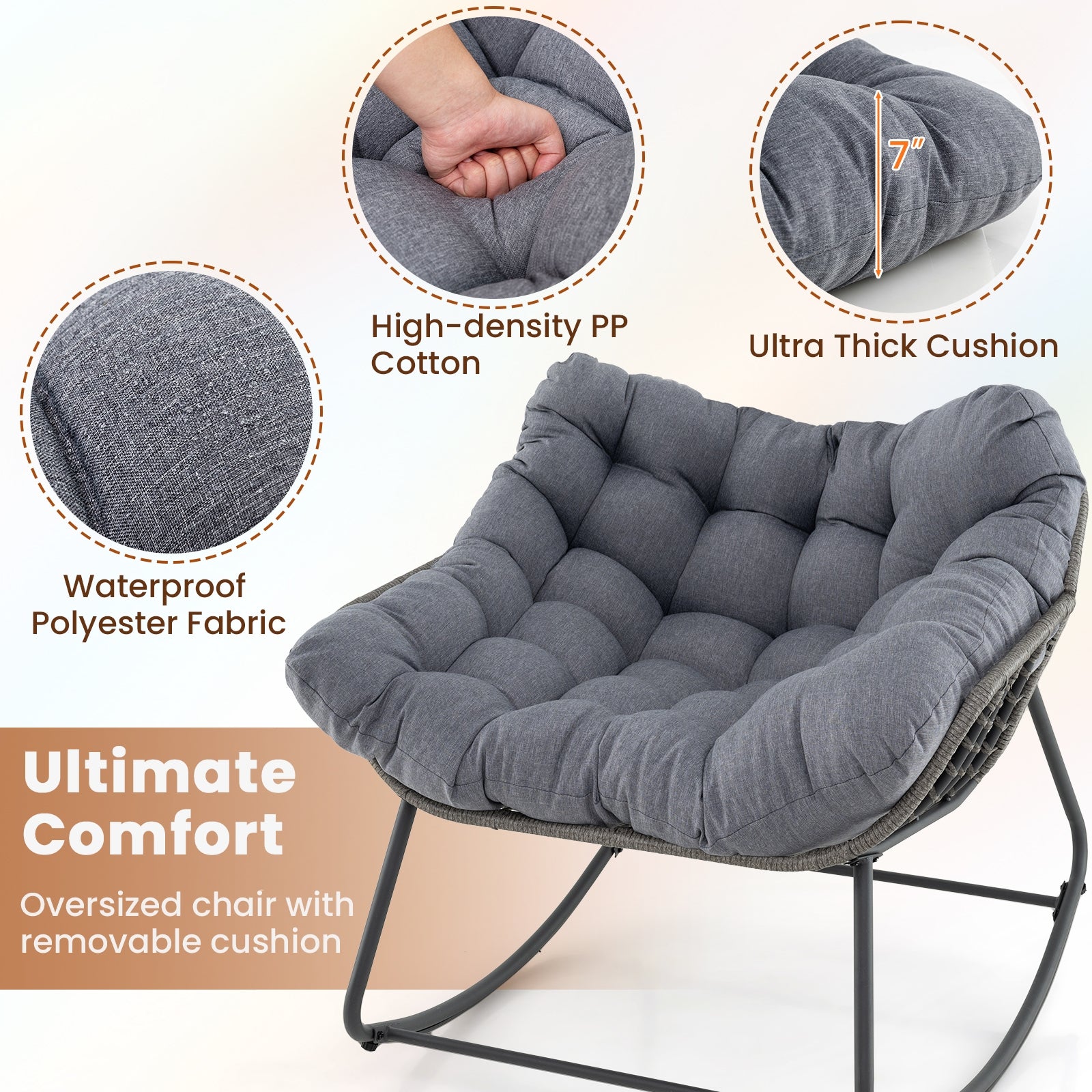 Oversized Patio Rocking Chair, PE Wicker Egg Chair With Cushion, Gray Patio Rocking Chairs & Gliders at Gallery Canada