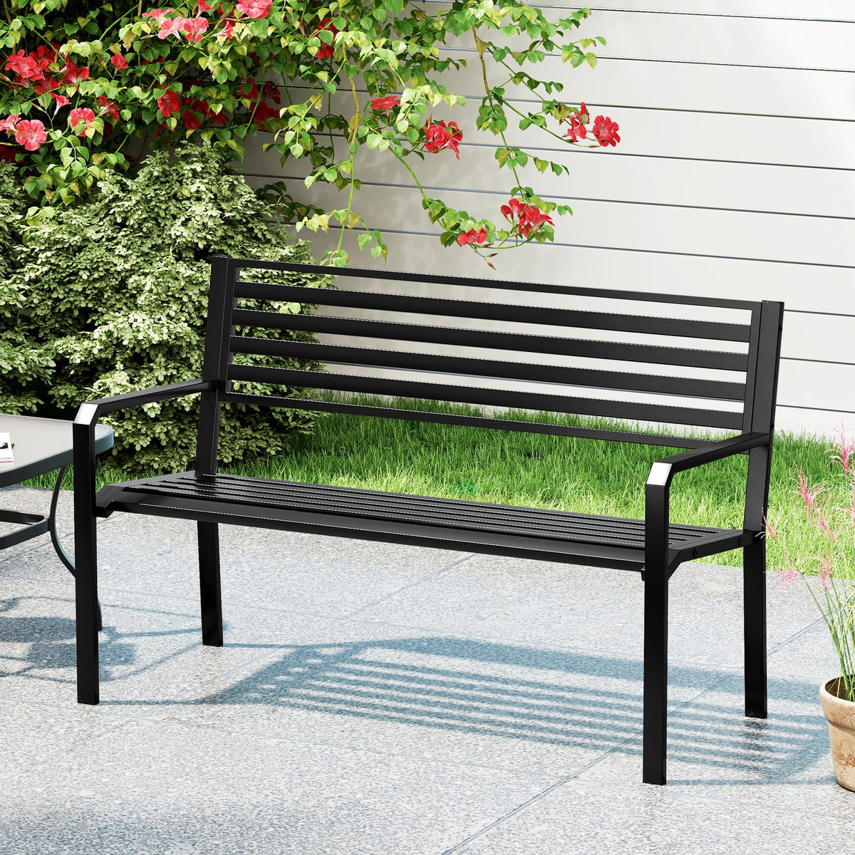 50 Inch Outdoor Metal Park Bench, Patio Slatted Garden Bench, Black Outdoor Benches at Gallery Canada