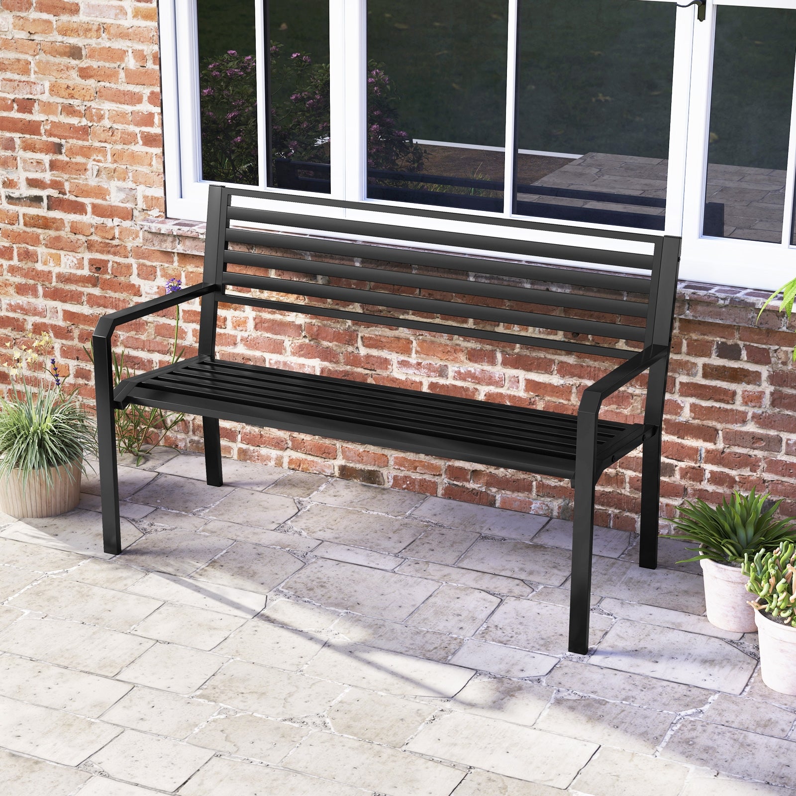 50 Inch Outdoor Metal Park Bench, Patio Slatted Garden Bench, Black Outdoor Benches at Gallery Canada