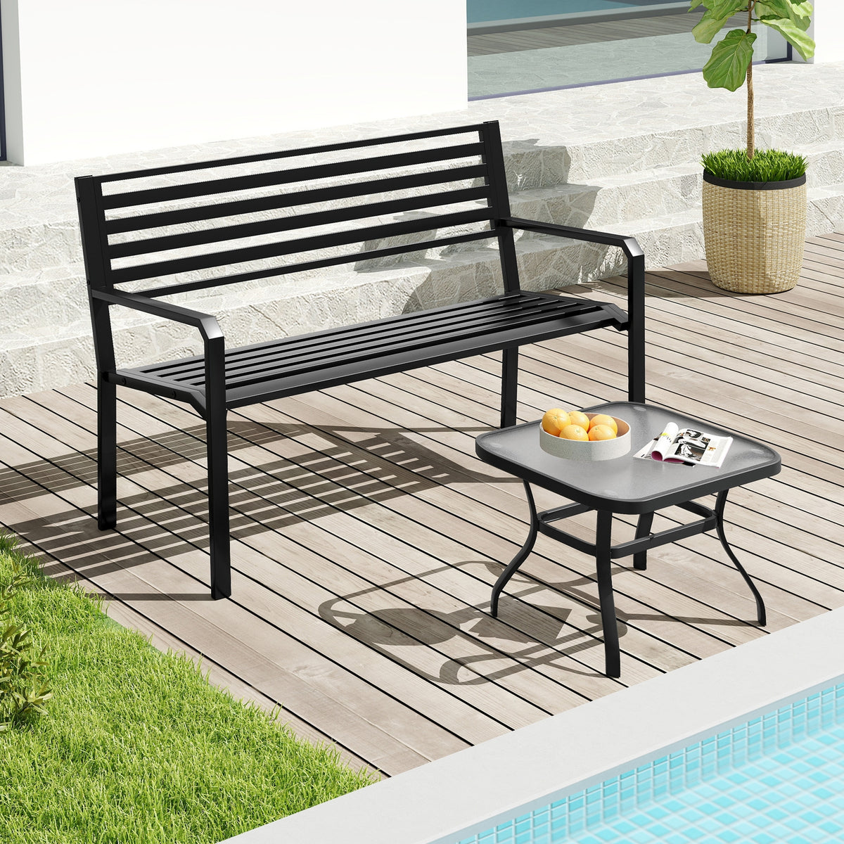 50 Inch Outdoor Metal Park Bench, Patio Slatted Garden Bench, Black Outdoor Benches at Gallery Canada