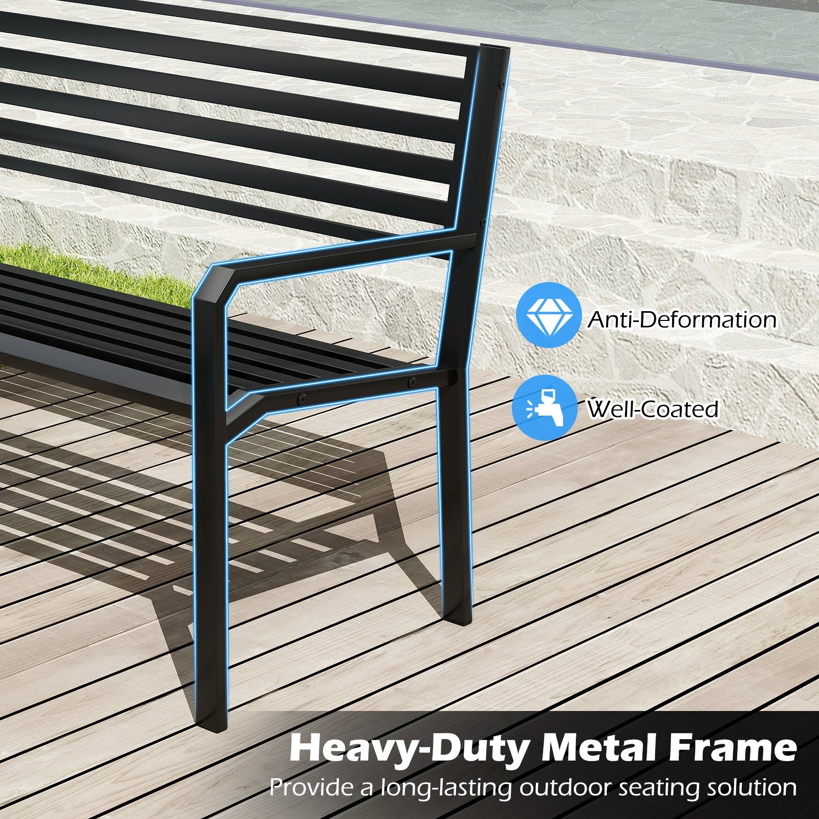 50 Inch Outdoor Metal Park Bench, Patio Slatted Garden Bench, Black Outdoor Benches at Gallery Canada