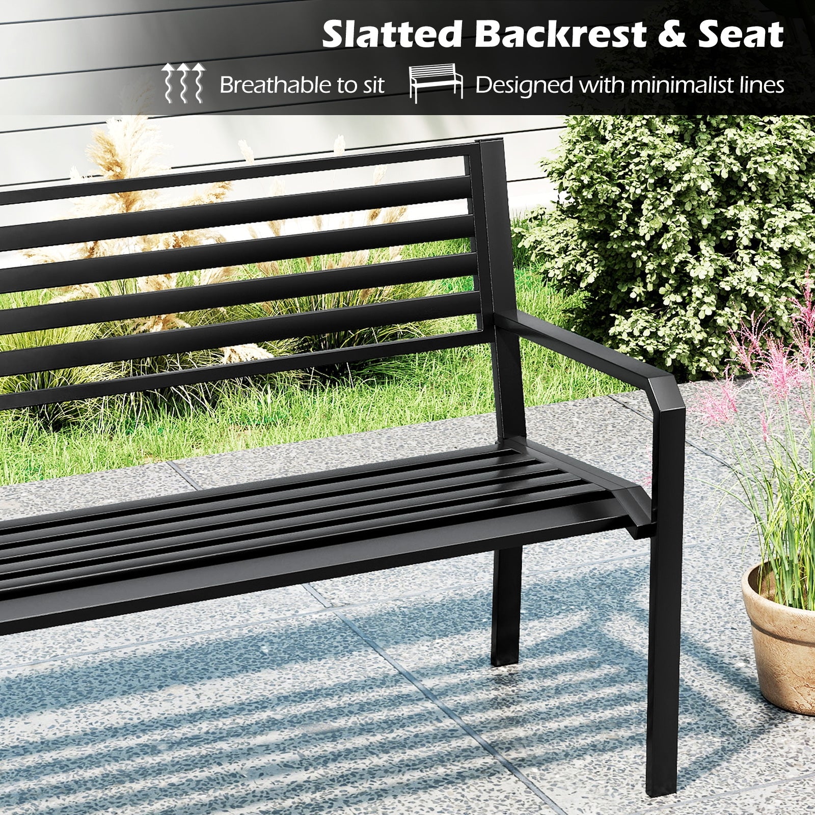 50 Inch Outdoor Metal Park Bench, Patio Slatted Garden Bench, Black Outdoor Benches at Gallery Canada
