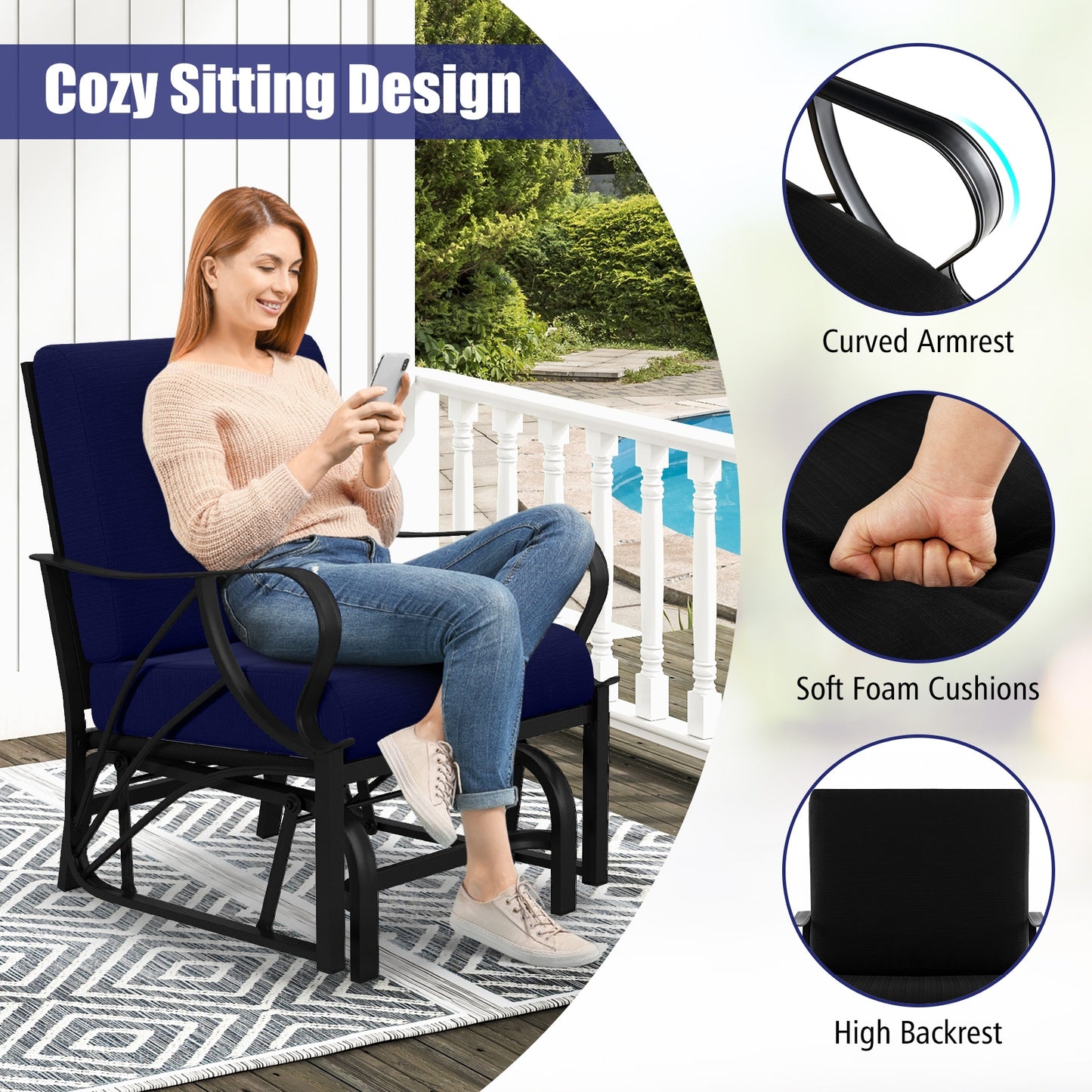 Patio Glider Rocking Chair, Thick Cushion, Curved Armrest, Navy Patio Rocking Chairs & Gliders at Gallery Canada