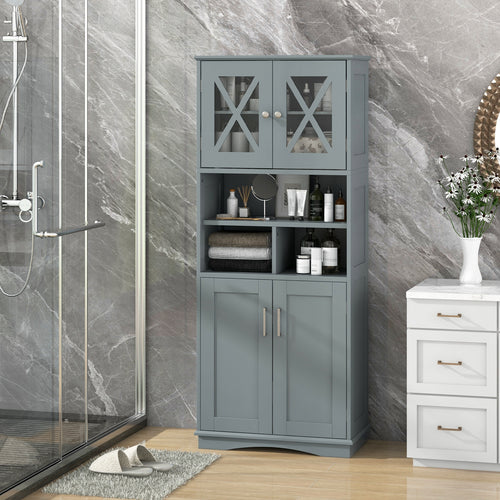 Tall Bathroom Cabinet, Large Floor Storage, Acrylic Doors, 3 Cubes, Gray