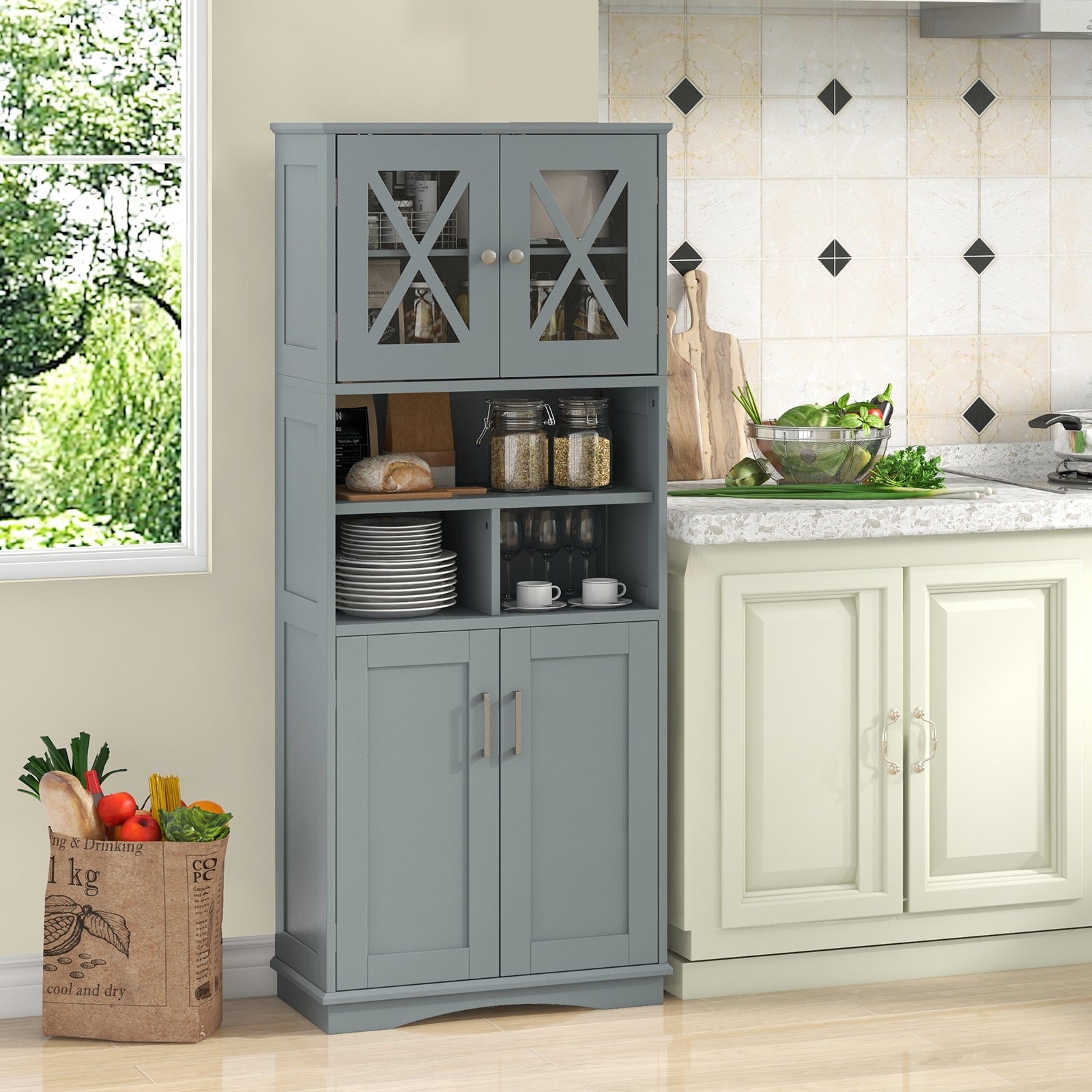 Tall Bathroom Cabinet, Large Floor Storage, Acrylic Doors, 3 Cubes, Gray Floor Cabinets at Gallery Canada