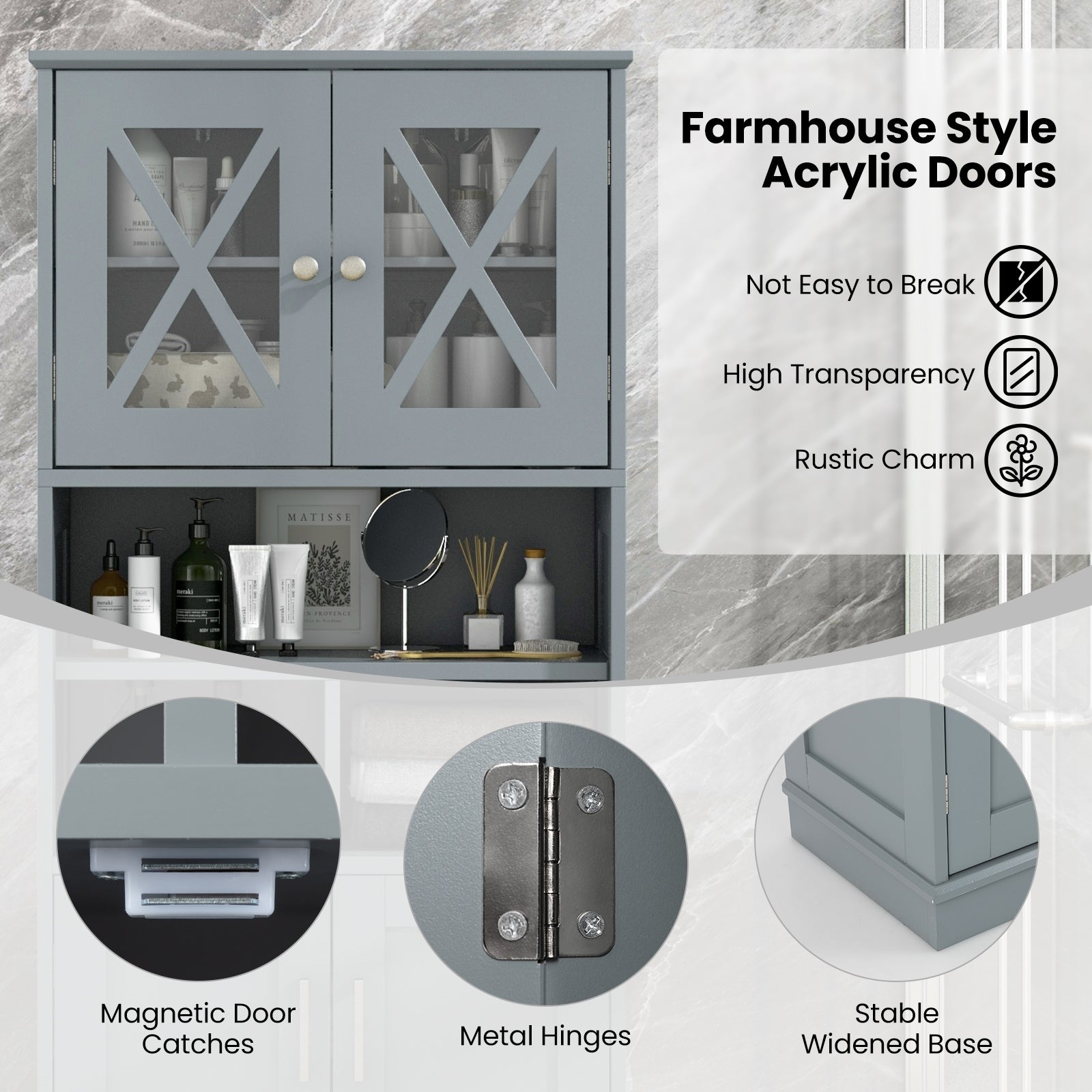 Tall Bathroom Cabinet, Large Floor Storage, Acrylic Doors, 3 Cubes, Gray Floor Cabinets at Gallery Canada