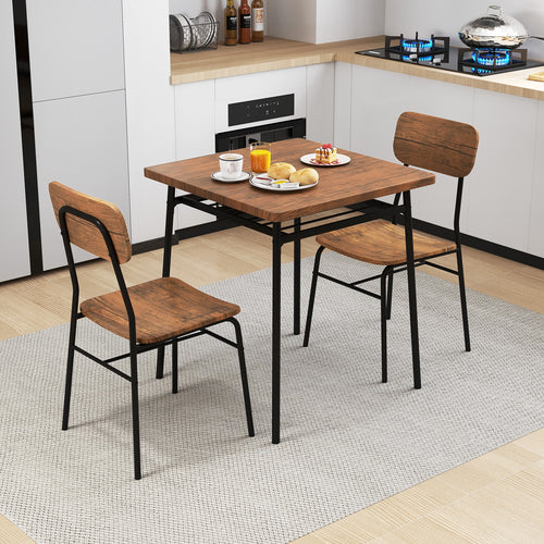 3 Piece Dining Table Set For 2, Wood Square Table With Metal Frame, Brown