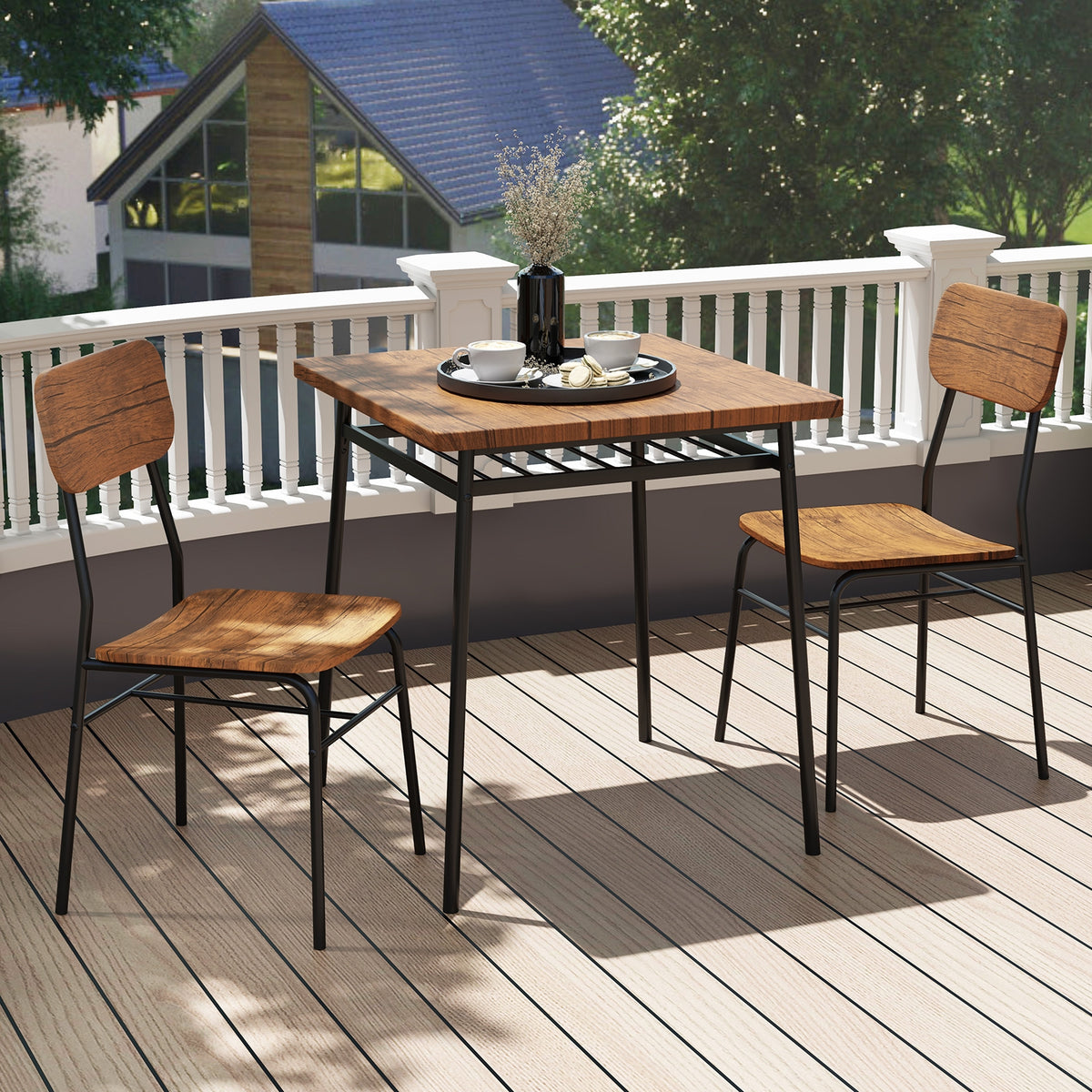 3 Piece Dining Table Set For 2, Wood Square Table With Metal Frame, Brown Dining Room Sets at Gallery Canada