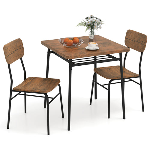 3 Piece Dining Table Set For 2, Wood Square Table With Metal Frame, Brown