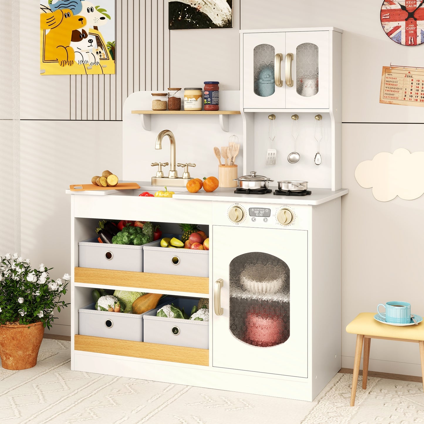 Kids Kitchen Playset With Cooking Accessories, Toy Cuttable Veggies, White Play Kitchen Sets at Gallery Canada