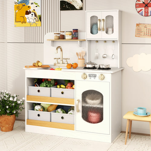 Kids Kitchen Playset With Cooking Accessories, Toy Cuttable Veggies, White