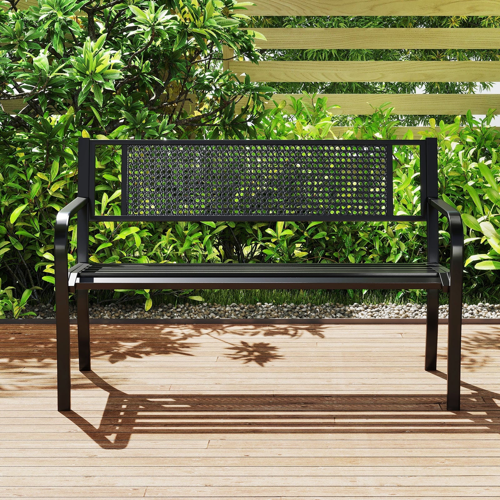 50 Inches Garden Bench, Patterned Backrest, Curved Armrests, Black Outdoor Benches at Gallery Canada