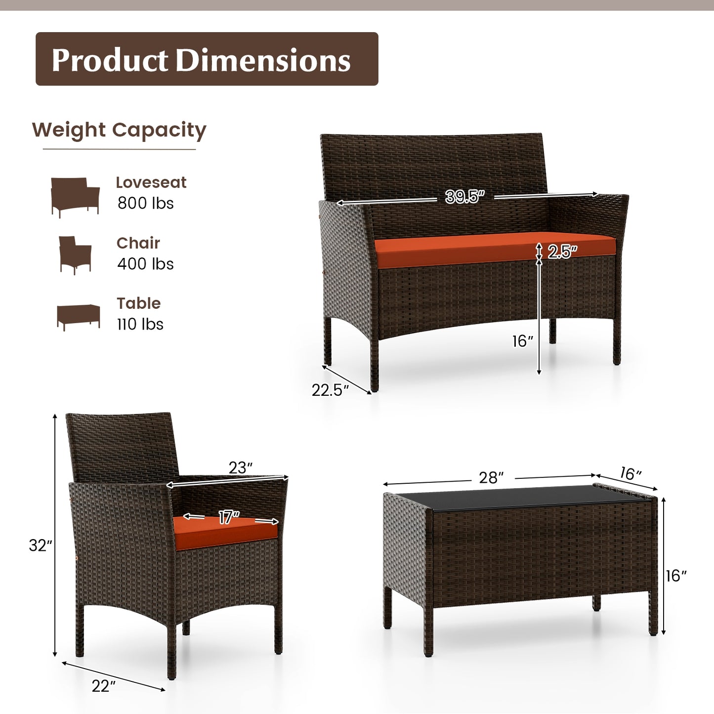 4 Piece Patio Rattan Conversation Set, Orange Patio Conversation Sets at Gallery Canada