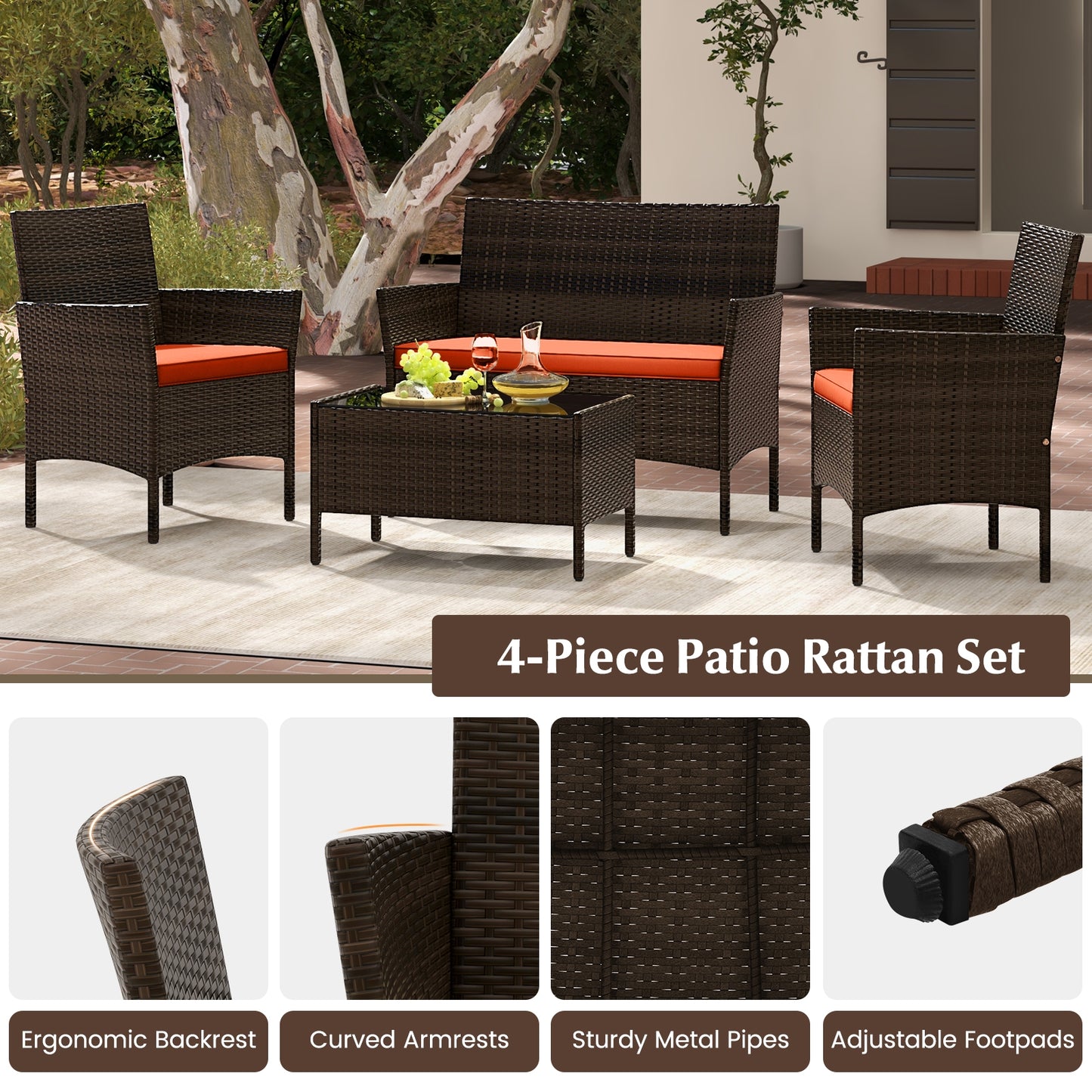 4 Piece Patio Rattan Conversation Set, Orange Patio Conversation Sets at Gallery Canada