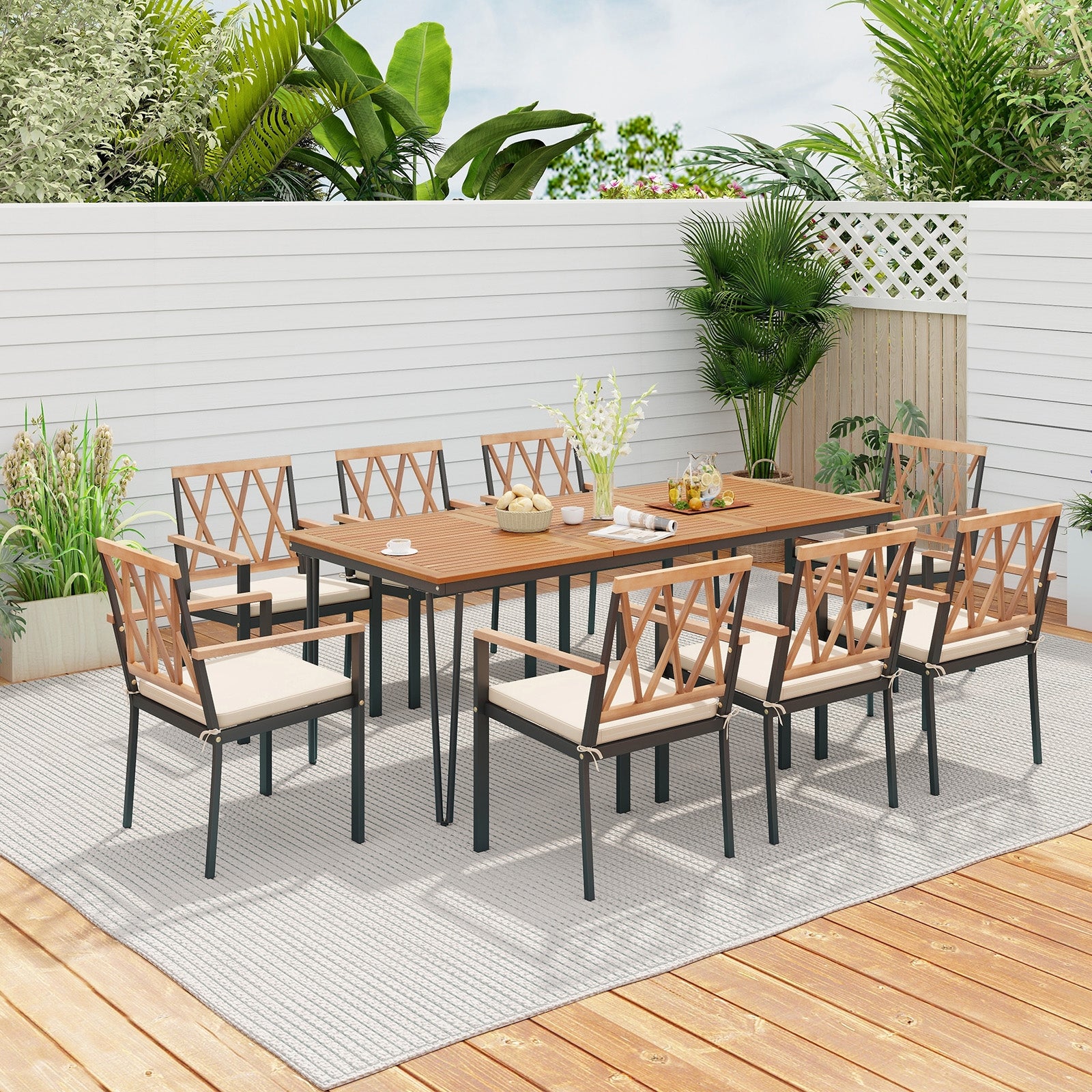 9-Piece Patio Dining Set, 35.5 Inch Acacia Wood Table, 22.5-Inch Chairs, Natural Patio Dining Sets at Gallery Canada