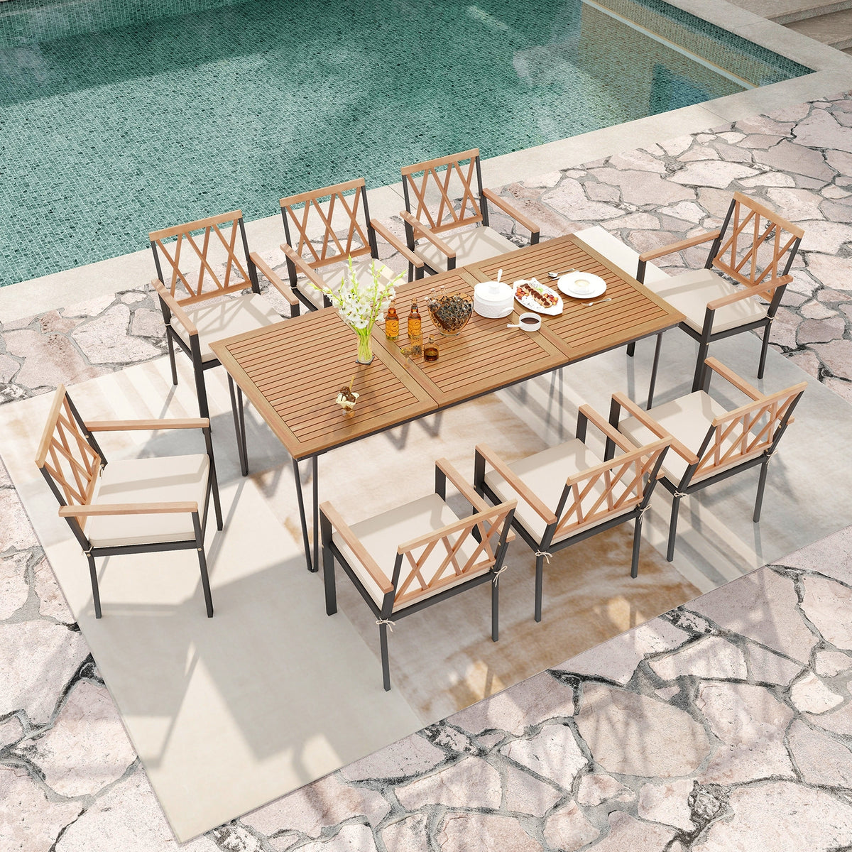 9-Piece Patio Dining Set, 35.5 Inch Acacia Wood Table, 22.5-Inch Chairs, Natural Patio Dining Sets at Gallery Canada