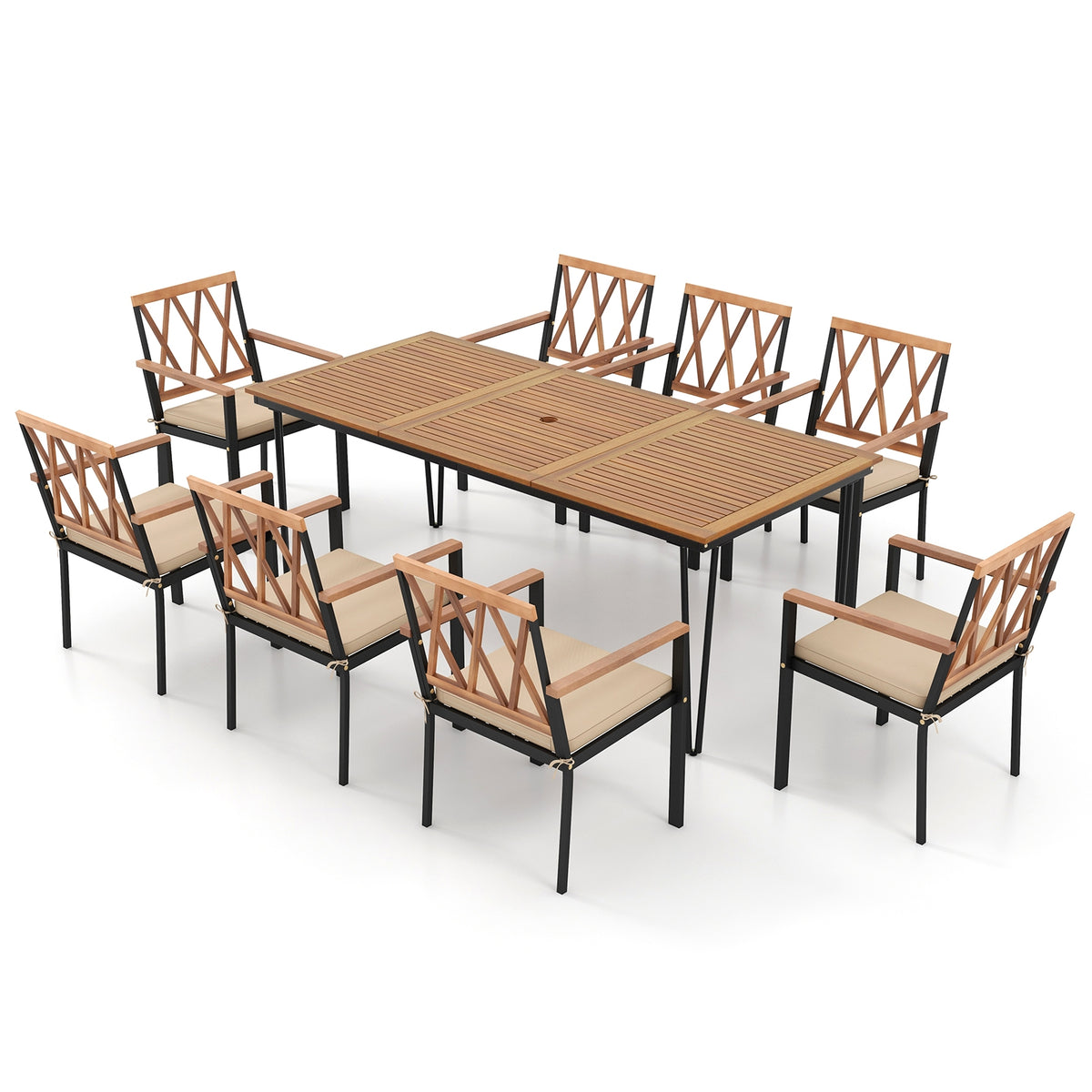 9-Piece Patio Dining Set, 35.5 Inch Acacia Wood Table, 22.5-Inch Chairs, Natural Patio Dining Sets Natural at Gallery Canada