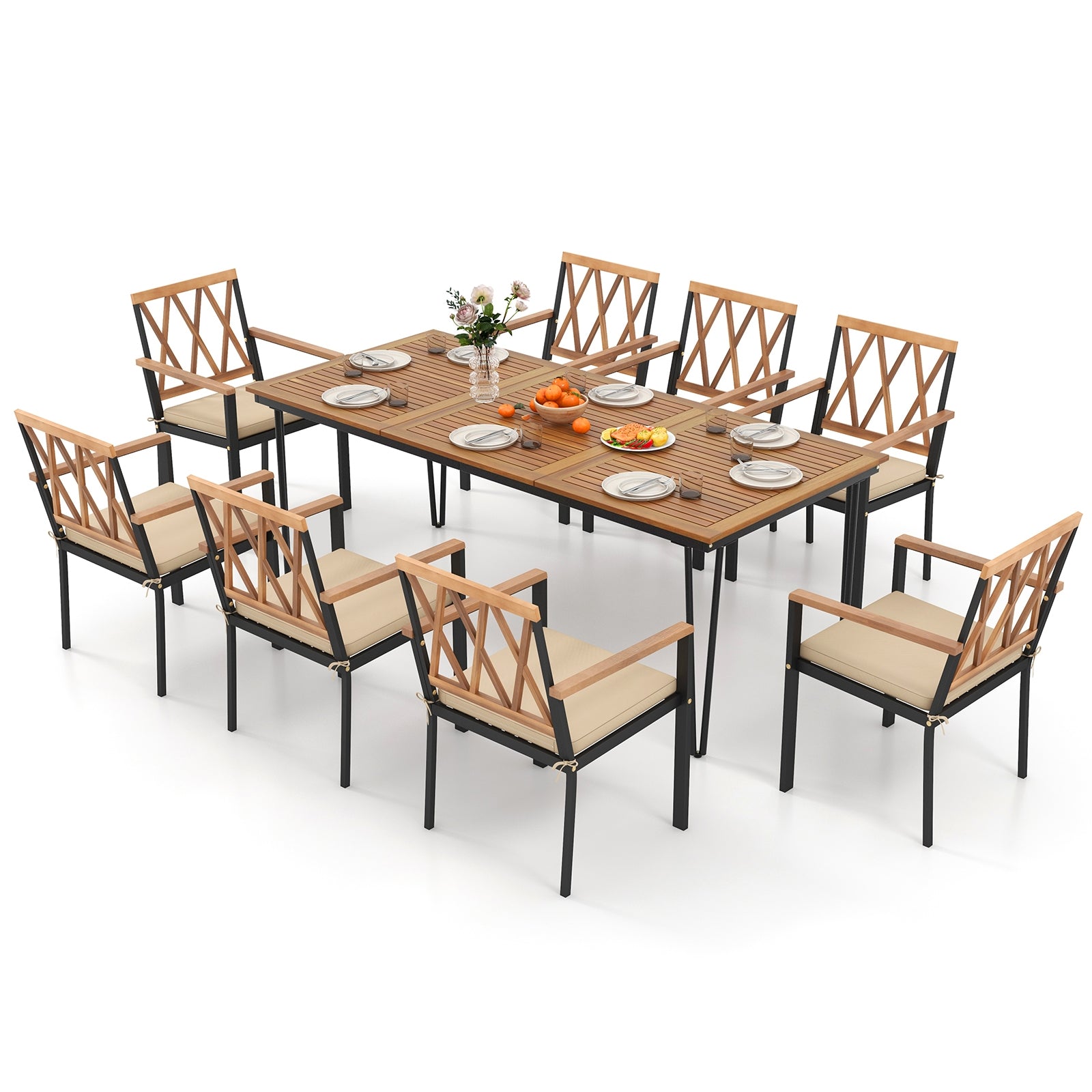 9-Piece Patio Dining Set, 35.5 Inch Acacia Wood Table, 22.5-Inch Chairs, Natural Patio Dining Sets at Gallery Canada