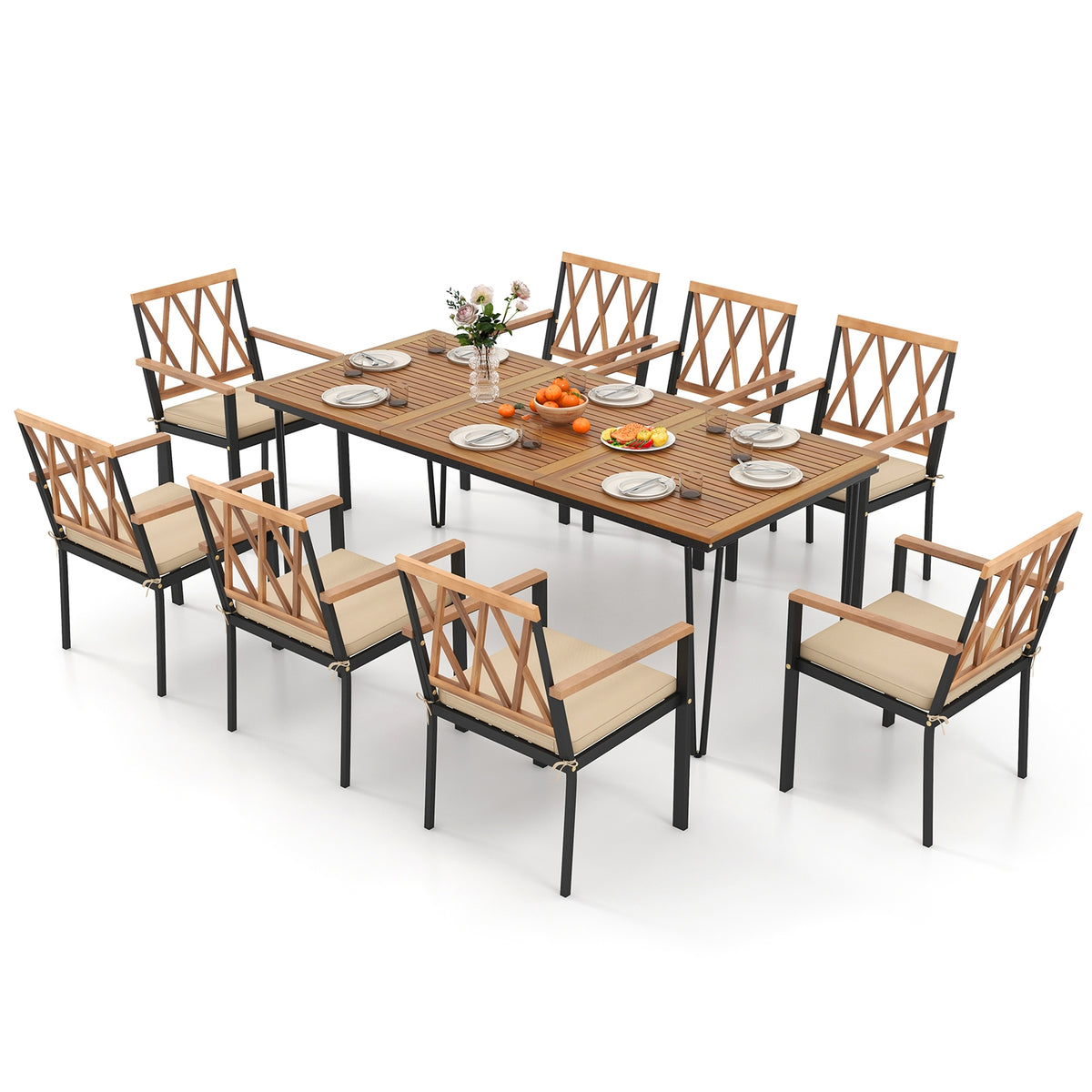 9-Piece Patio Dining Set, 35.5 Inch Acacia Wood Table, 22.5-Inch Chairs, Natural Patio Dining Sets at Gallery Canada