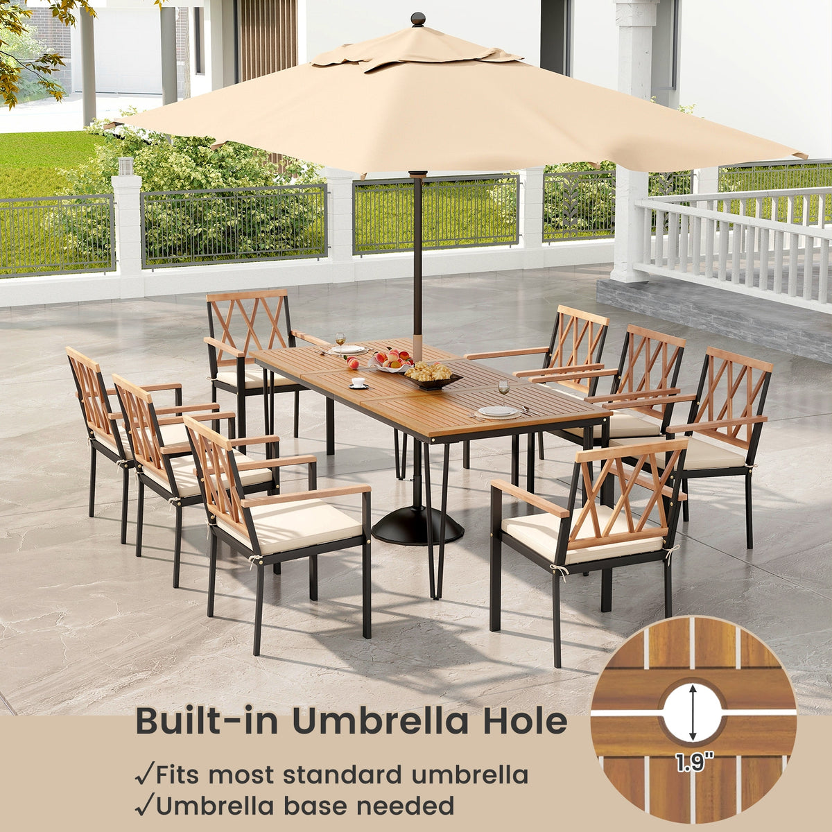 9-Piece Patio Dining Set, 35.5 Inch Acacia Wood Table, 22.5-Inch Chairs, Natural Patio Dining Sets at Gallery Canada