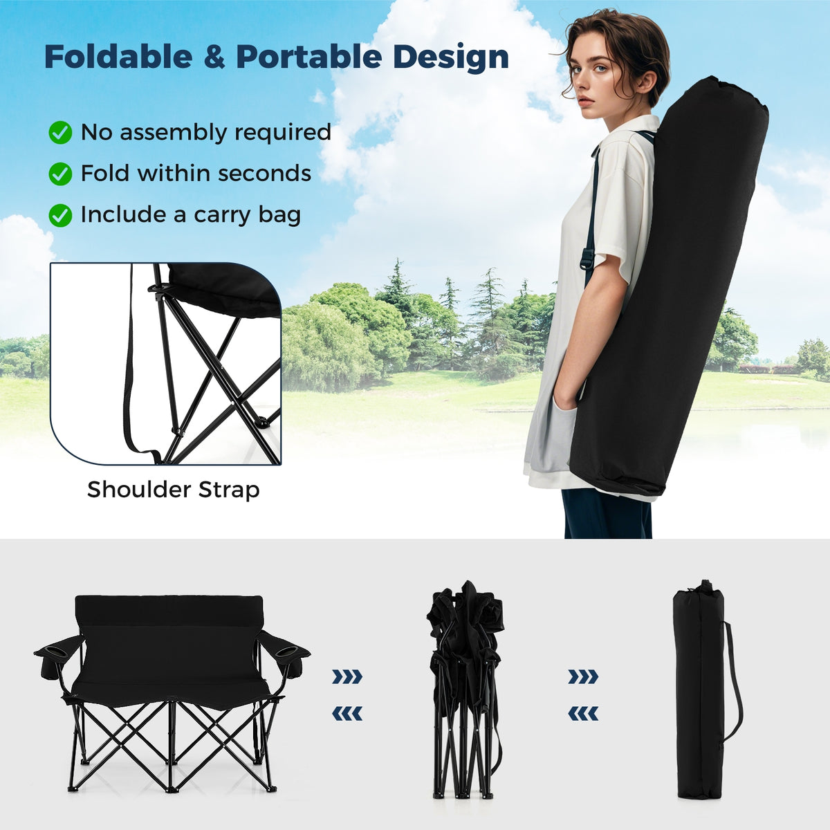 Double Camping Chair, 2-Person Outdoor Folding Loveseat, Black Camping Furniture at Gallery Canada