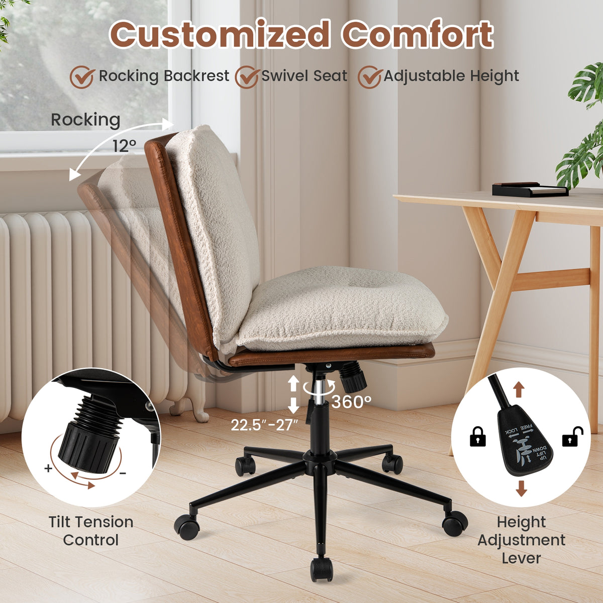 Armless Office Chair With Rocking Backrest, White Armless Chairs at Gallery Canada