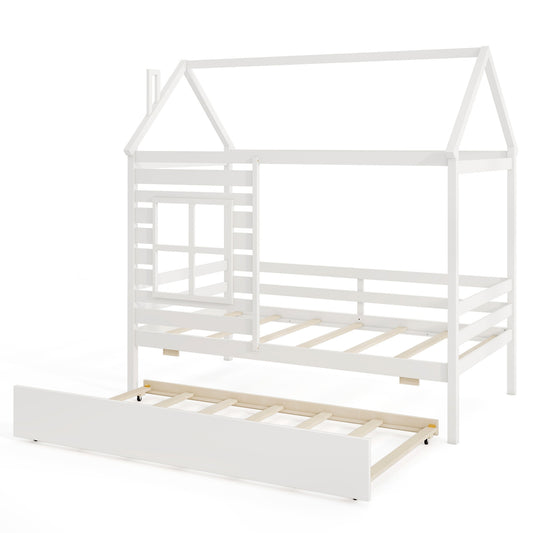Twin Size Wooden Platform House Bed With Trundle, White Trundle Bed Frame White at Gallery Canada