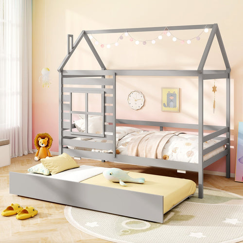 Twin Size Wooden Platform House Bed With Trundle, Gray