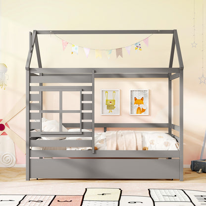 Twin Size Wooden Platform House Bed With Trundle, Gray Trundle Bed Frame at Gallery Canada