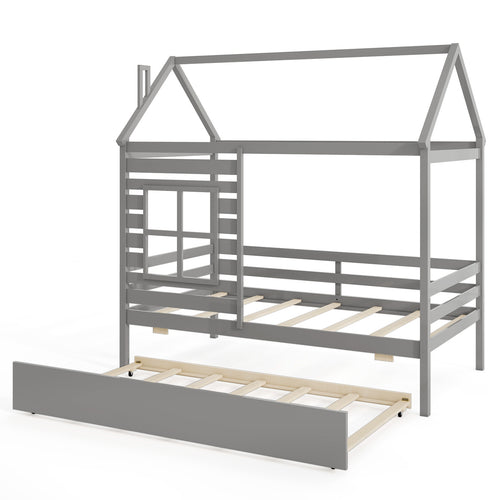 Twin Size Wooden Platform House Bed With Trundle, Gray