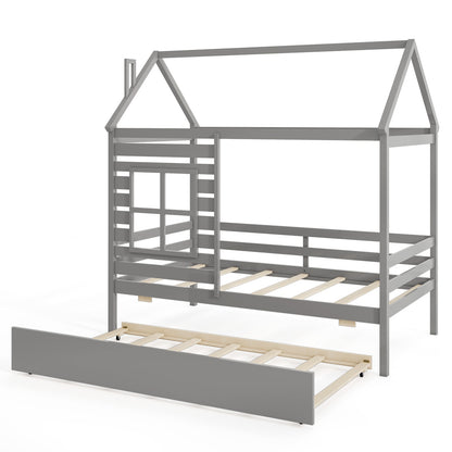 Twin Size Wooden Platform House Bed With Trundle, Gray Trundle Bed Frame at Gallery Canada