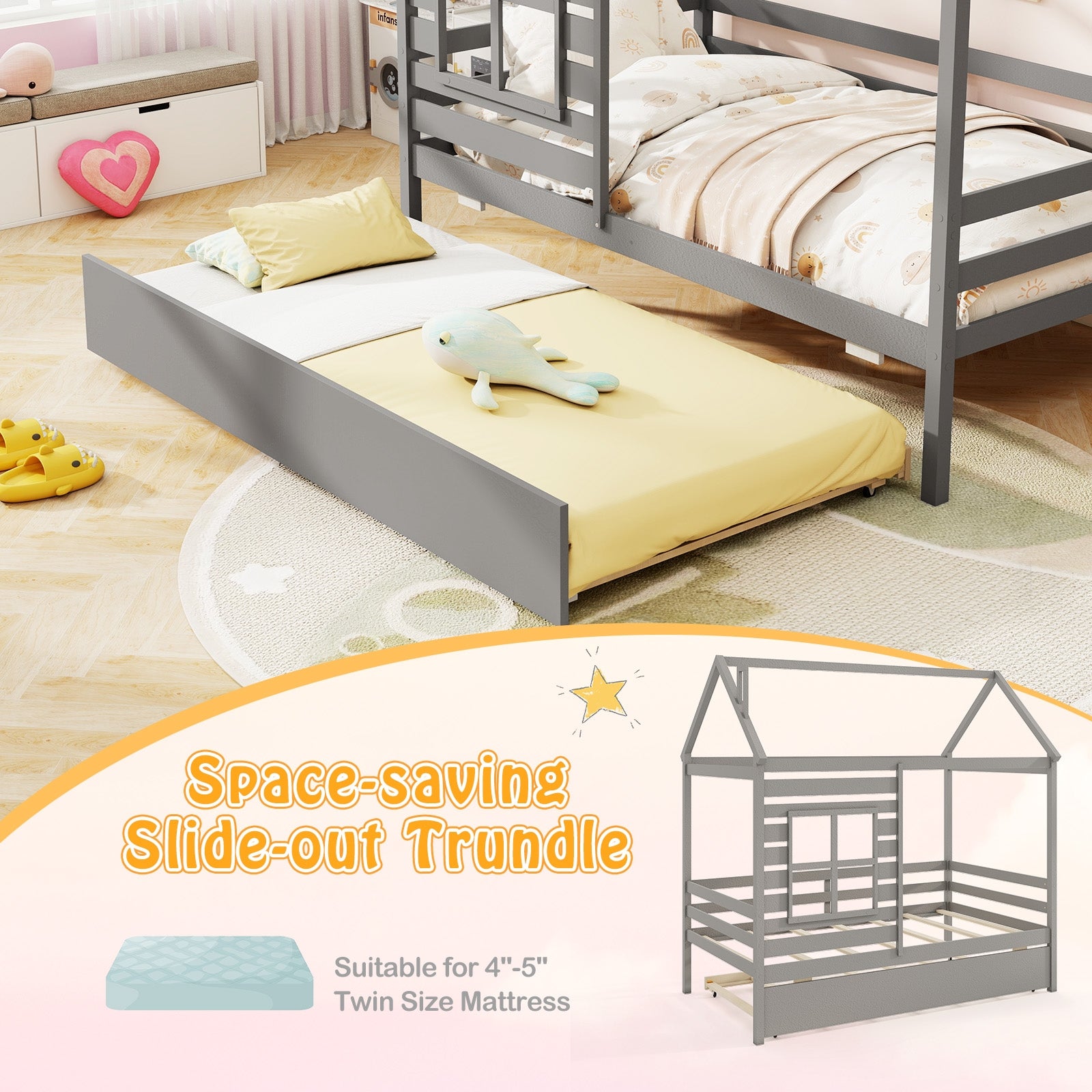 Twin Size Wooden Platform House Bed With Trundle, Gray Trundle Bed Frame at Gallery Canada