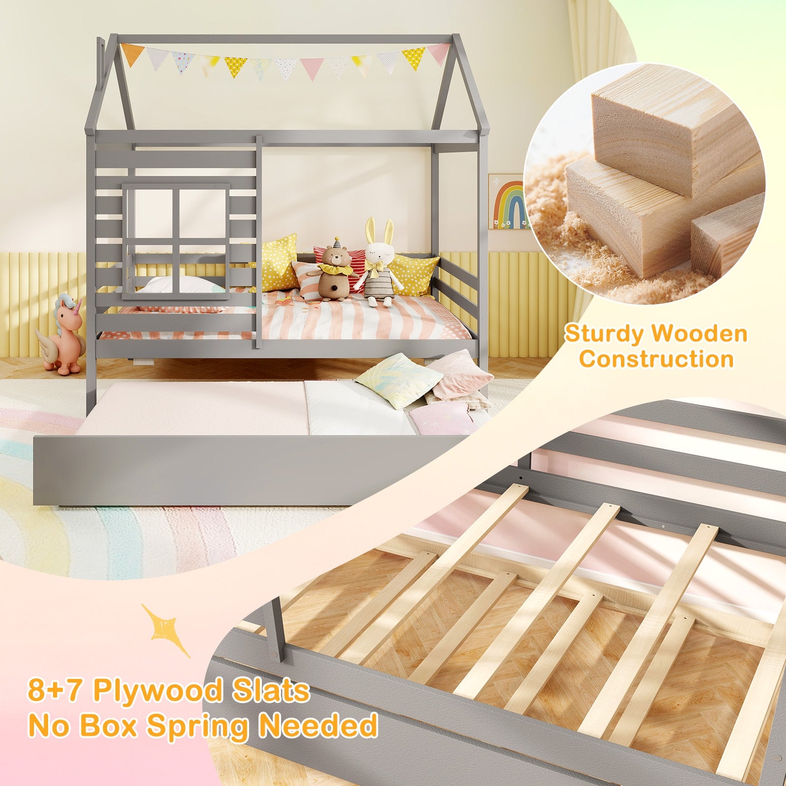 Twin Size Wooden Platform House Bed With Trundle, Gray Trundle Bed Frame at Gallery Canada