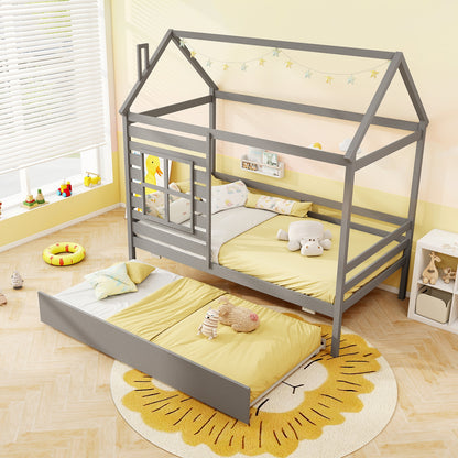 Twin Size Wooden Platform House Bed With Trundle, Gray Trundle Bed Frame at Gallery Canada