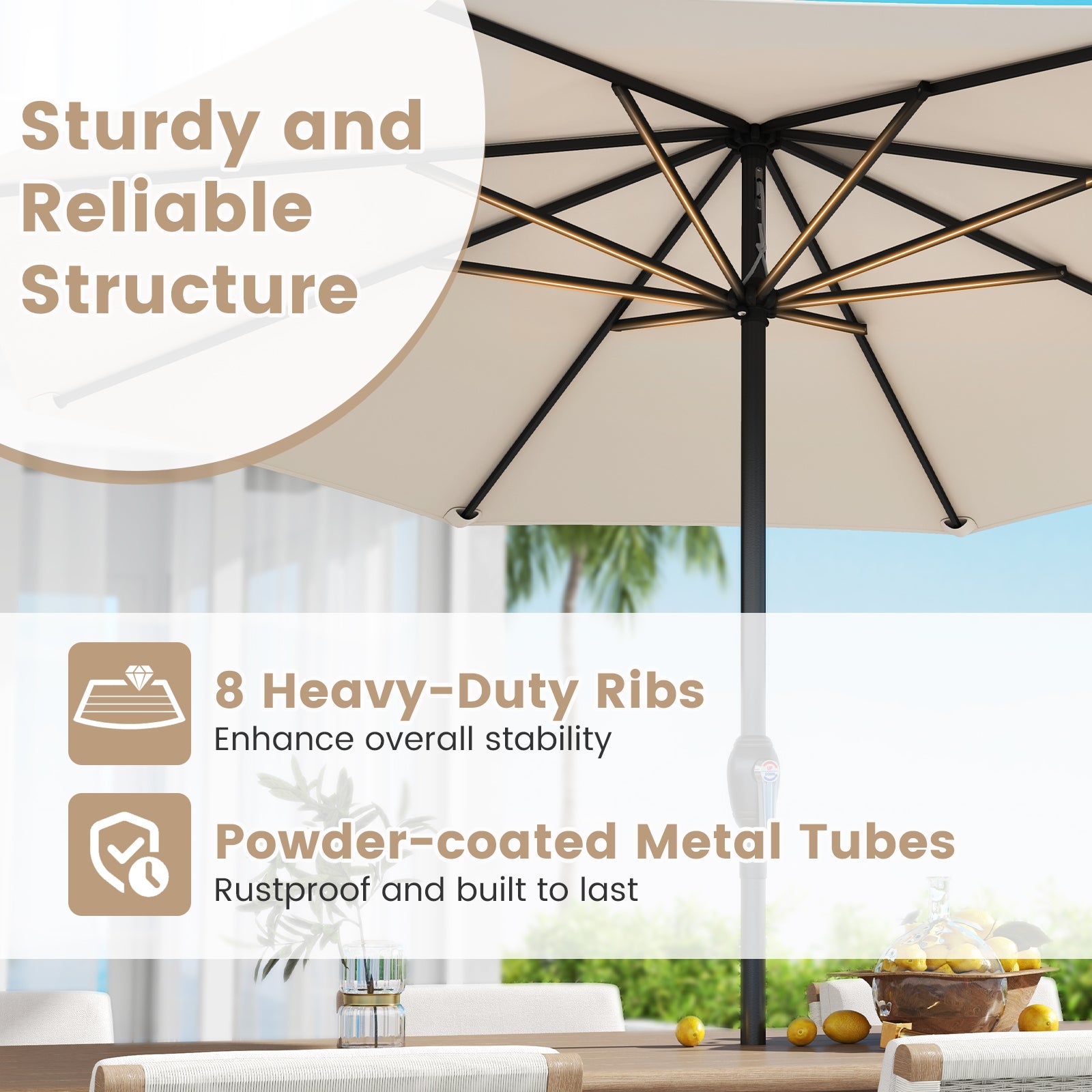 Heavy Duty Market Umbrella, Crank Handle, 8 Ribs, Beige Outdoor Umbrellas at Gallery Canada