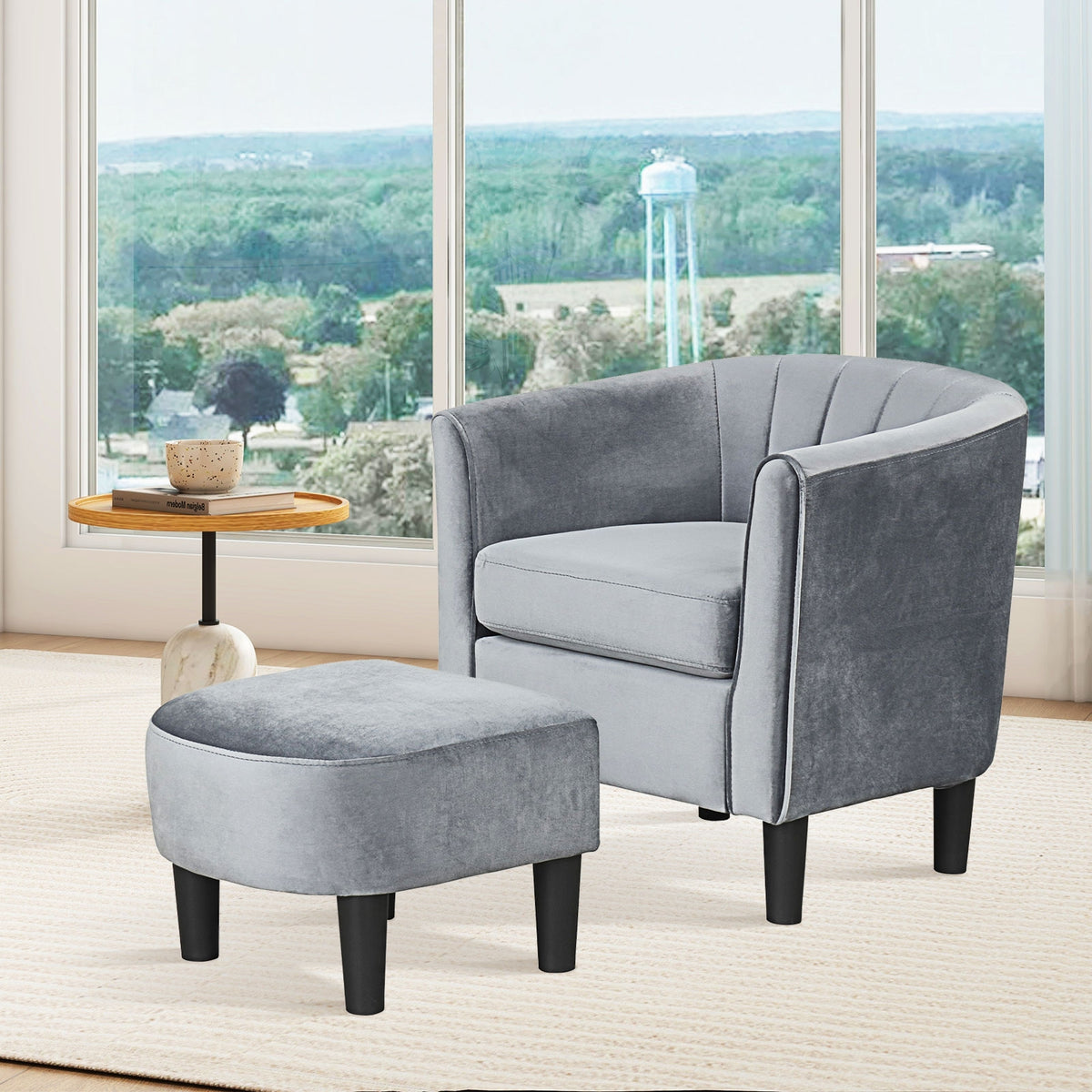 Teddy Velvet Club Barrel Chair With Ottoman, Gray Accent Chairs at Gallery Canada