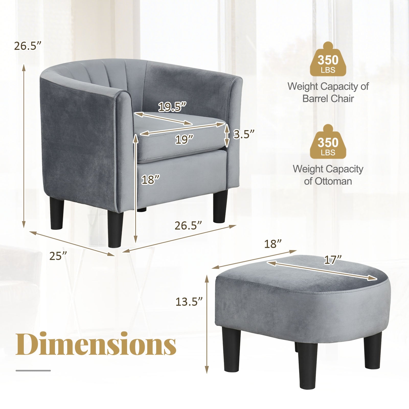 Teddy Velvet Club Barrel Chair With Ottoman, Gray Accent Chairs at Gallery Canada