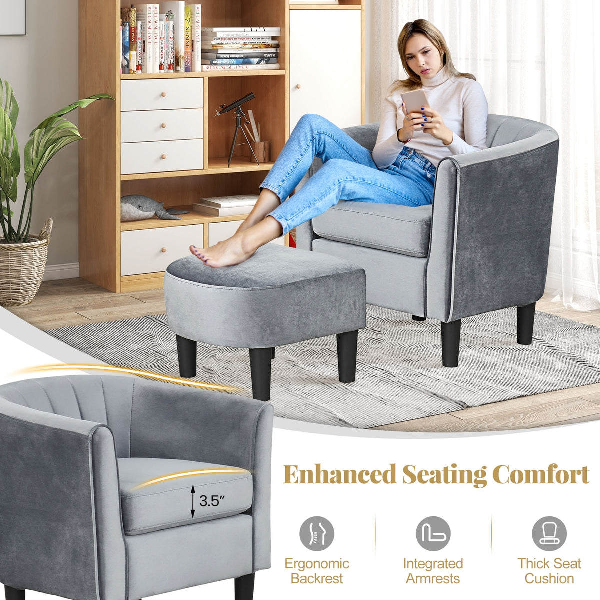 Teddy Velvet Club Barrel Chair With Ottoman, Gray Accent Chairs at Gallery Canada