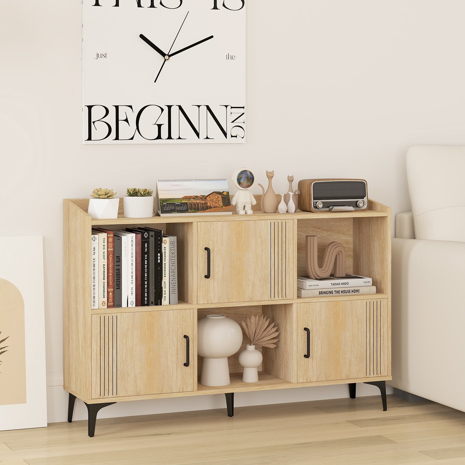 Sideboard Storage Cabinet, 3 Doors, Open Compartments, Oak Cabinets & Chests at Gallery Canada