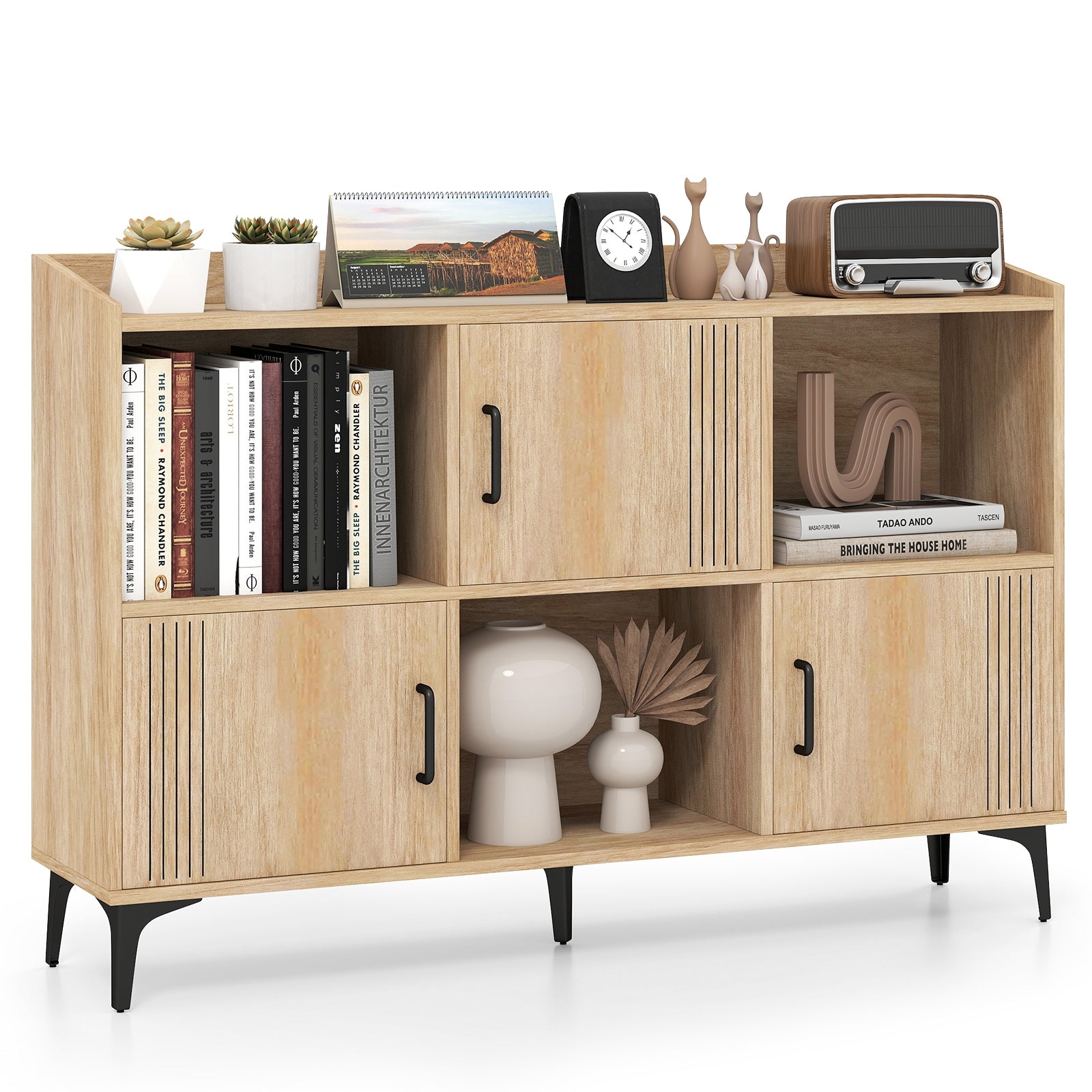 Sideboard Storage Cabinet, 3 Doors, Open Compartments, Oak Cabinets & Chests at Gallery Canada