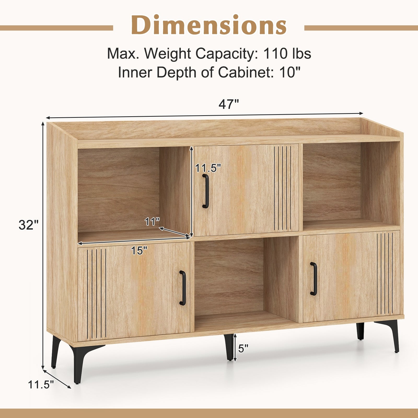 Sideboard Storage Cabinet, 3 Doors, Open Compartments, Oak Cabinets & Chests at Gallery Canada