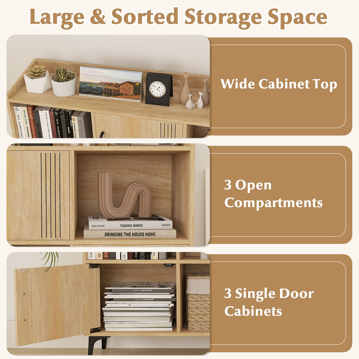 Sideboard Storage Cabinet, 3 Doors, Open Compartments, Oak Cabinets & Chests at Gallery Canada