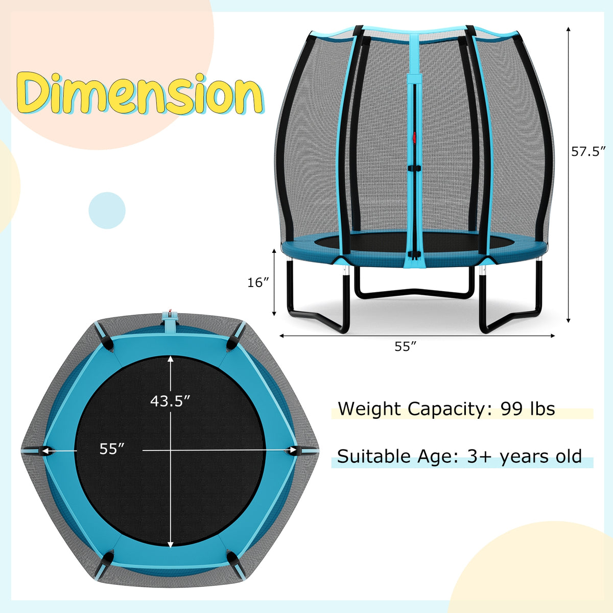 55 Inch Kids Trampoline With Safety Enclosure Net, Blue Trampolines at Gallery Canada
