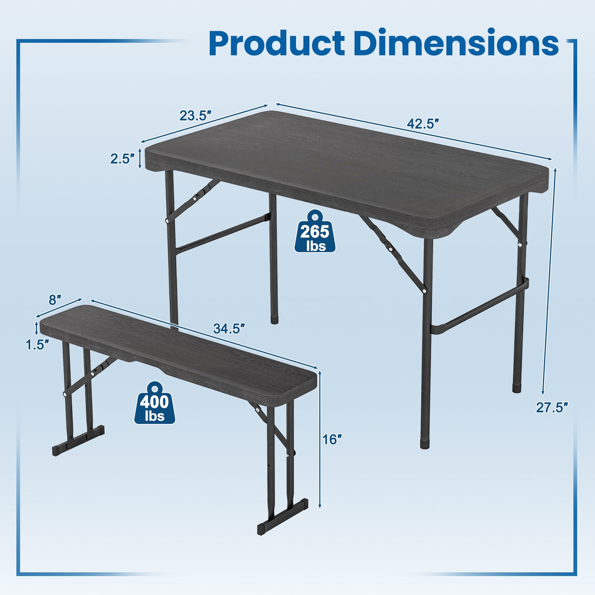 Outdoor Folding Table Bench Set, All-Weather HDPE Tabletop, Black Patio Dining Sets at Gallery Canada