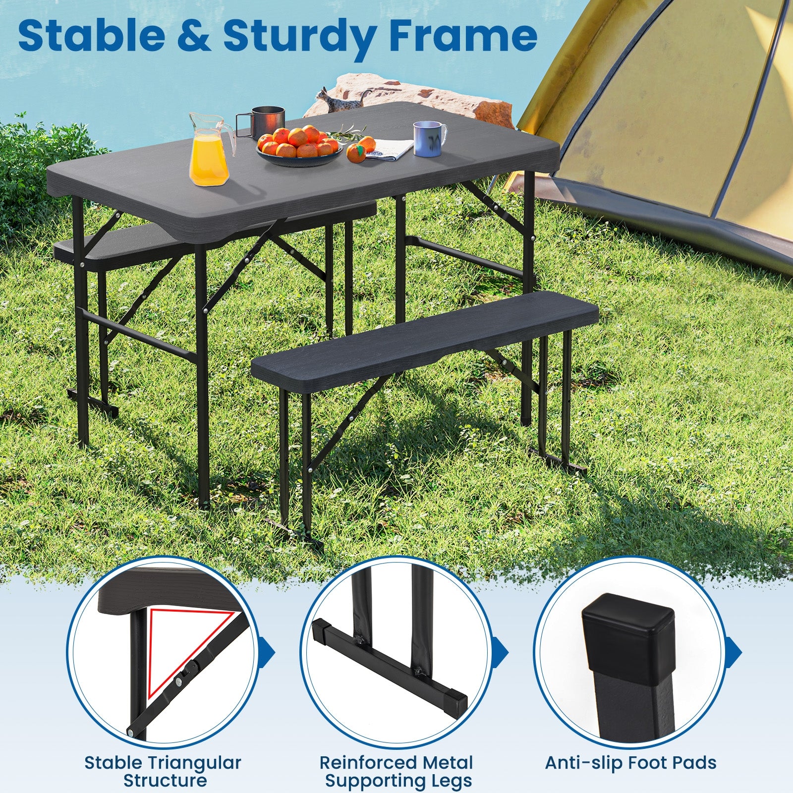 Outdoor Folding Table Bench Set, All-Weather HDPE Tabletop, Black Patio Dining Sets at Gallery Canada