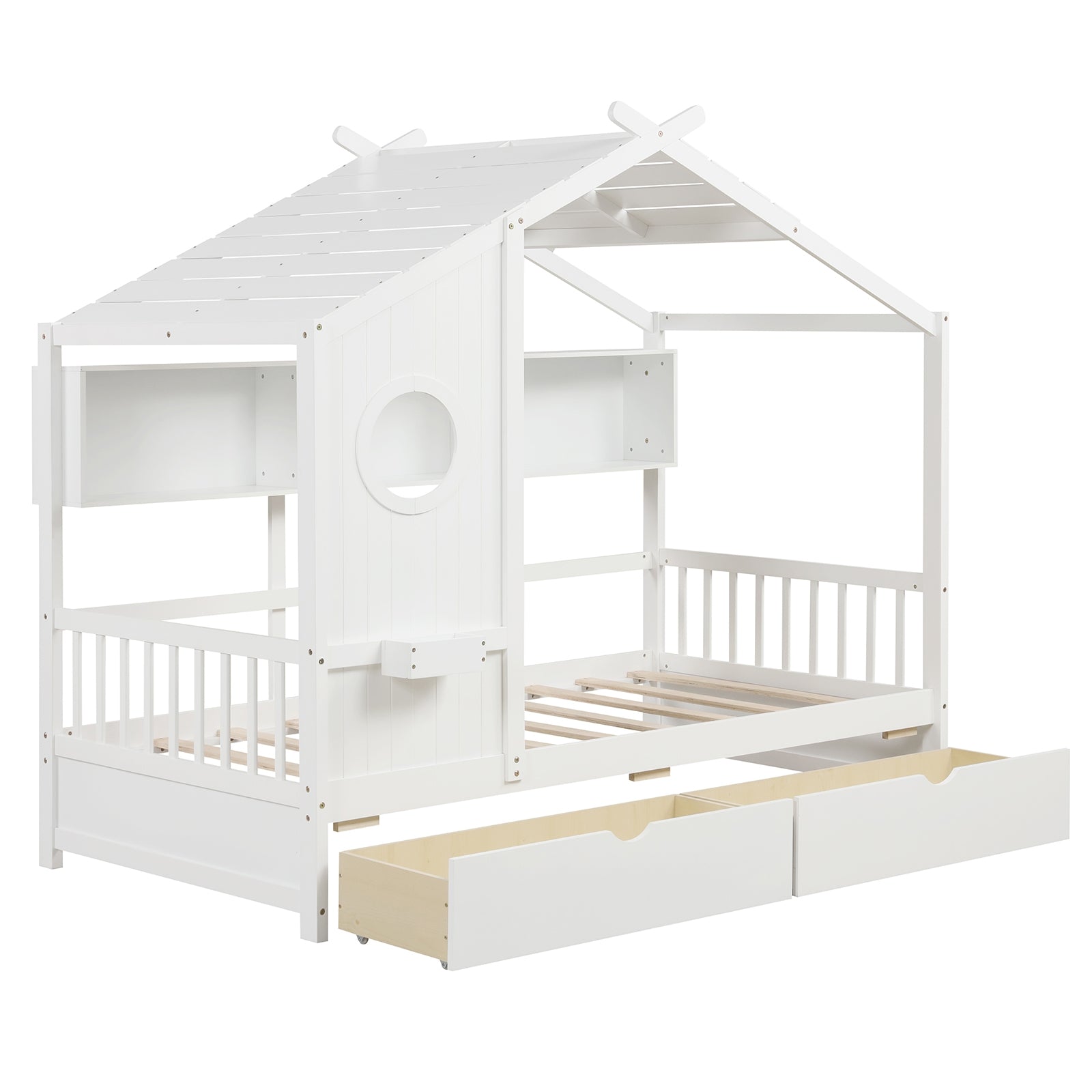 Twin Size House Bed, 2 Storage Drawers, Fence Guardrails, White Simple Bed Frame at Gallery Canada