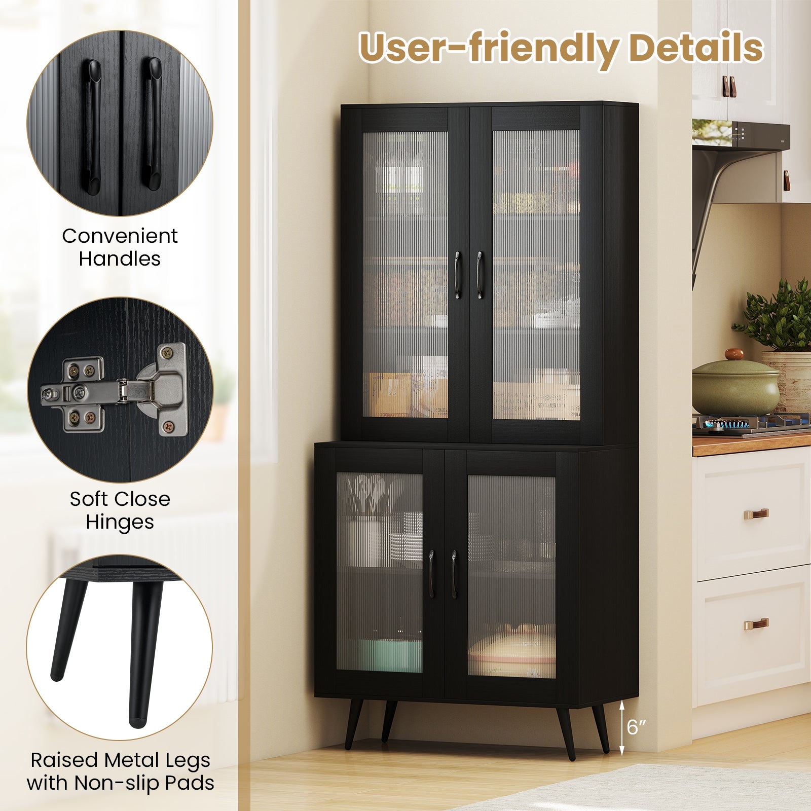 70.5 Inch Kitchen Pantry Cabinet, 4 Transparent Doors, Black Sideboards Cabinets & Buffets at Gallery Canada