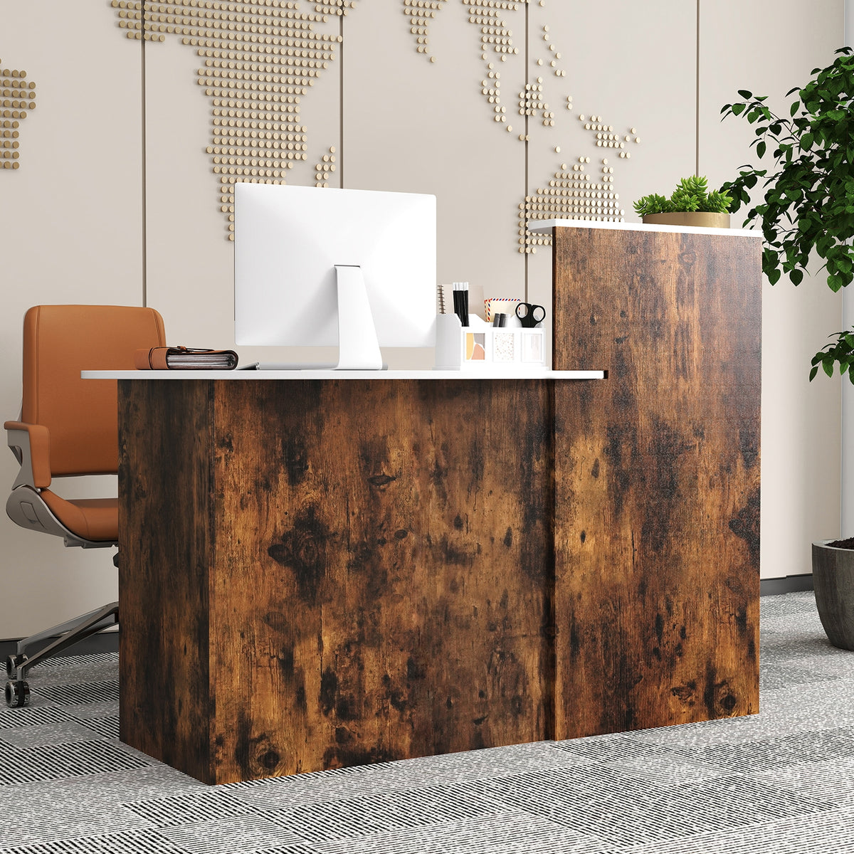 Modern Reception Desk, Oval Tabletop, Rustic Brown Computer Desks at Gallery Canada