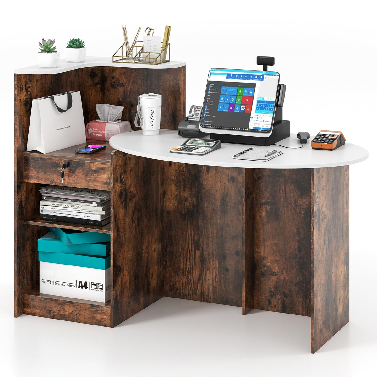 Modern Reception Desk, Oval Tabletop, Rustic Brown Computer Desks at Gallery Canada